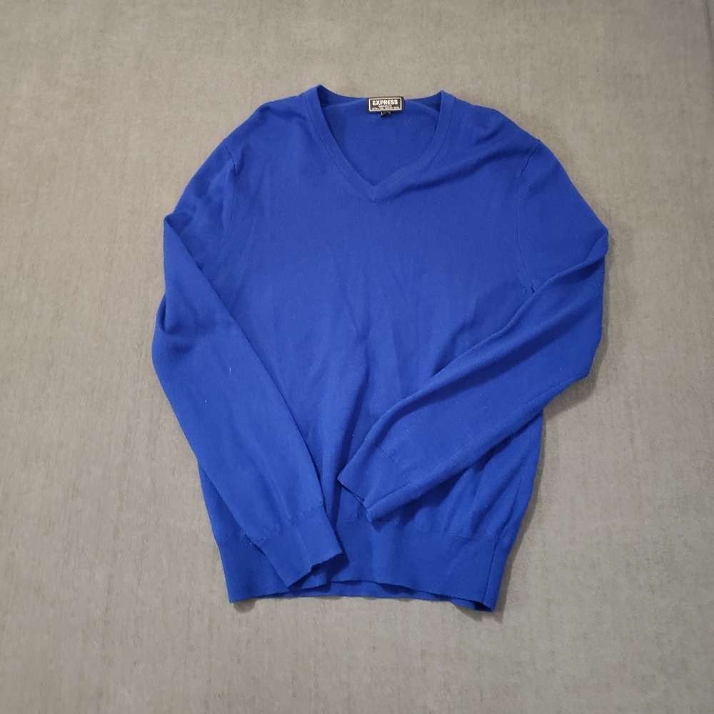 Express Merino Wool Blend Men's Pullover V-Neck Size M Blue Sweater